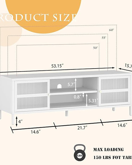 TV Stand for 55 60 inch TV, Glass Door Metal TV Cabinet Modern Mid Century Entertainment Center with Storage, TV Industrial Media Console Table 2 Cabinet for Living Room, Bedroom (White) - LeafyLoom