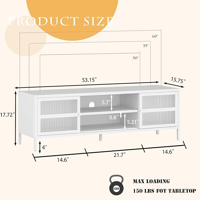 TV Stand for 55 60 inch TV, Glass Door Metal TV Cabinet Modern Mid Century Entertainment Center with Storage, TV Industrial Media Console Table 2 Cabinet for Living Room, Bedroom (White) - LeafyLoom