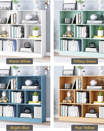IOTXY Open Shelf Low Bookcase - Wooden 3-Tier Floor Standing Display Cabinet Organizer with Base, 7 Cubes Short Horizontal Bookshelf in Tiffany-Green - LeafyLoom