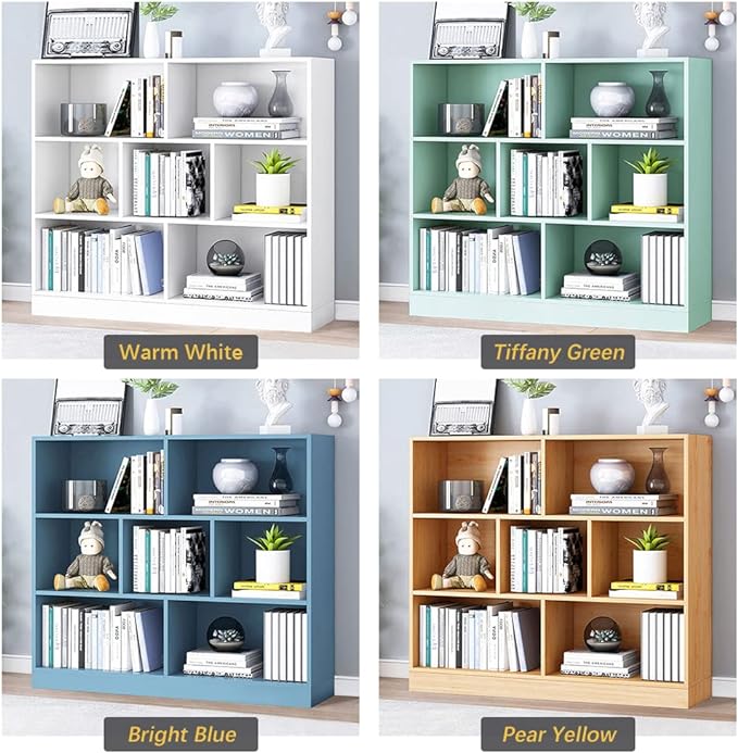 IOTXY Open Shelf Low Bookcase - Wooden 3-Tier Floor Standing Display Cabinet Organizer with Base, 7 Cubes Short Horizontal Bookshelf in Tiffany-Green - LeafyLoom