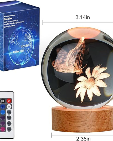 Large 3D Butterfly Crystal Ball Night Light, Gifts for Grilfriend Butterfly Crystal Lamp 16 Color Changing with Remote for Bedroom Decor, Girlfriend Gift for Teens Boys and Girls, Butterfly - LeafyLoom