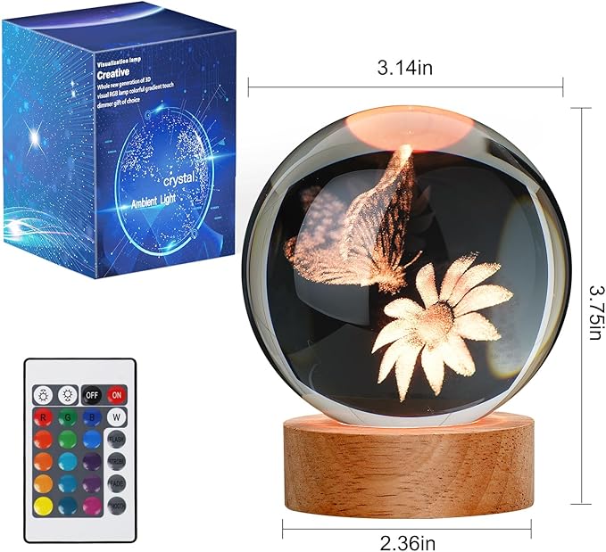 Large 3D Butterfly Crystal Ball Night Light, Gifts for Grilfriend Butterfly Crystal Lamp 16 Color Changing with Remote for Bedroom Decor, Girlfriend Gift for Teens Boys and Girls, Butterfly - LeafyLoom