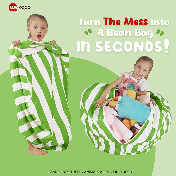 Wekapo Stuffed Animal Storage Bean Bag Chair Cover for Kids | Stuffable Zipper Beanbag for Organizing Children Plush Toys Large Premium Cotton Canvas (Green, X-Large) - LeafyLoom