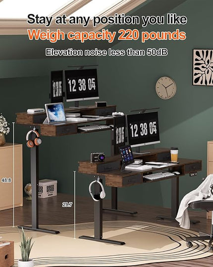 Electric Standing Desk, Multifunctional Standing Desk Adjustable Height, 55 * 24 Standing Desk with 4 Drawers, Ergonomic Adjustable Standing Desk with Keyboard Tray, Rustic Brown - LeafyLoom
