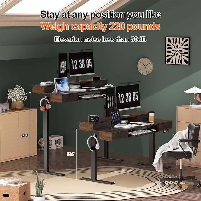 Electric Standing Desk, Multifunctional Standing Desk Adjustable Height, 55 * 24 Standing Desk with 4 Drawers, Ergonomic Adjustable Standing Desk with Keyboard Tray, Rustic Brown - LeafyLoom