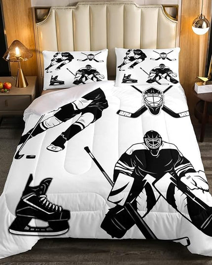 Erosebridal Ice Hockey Comforter Set, Ice Hockey Player Bedding Set King, Winter Sports Game Duvet Set, Black White Quilt Set Cartoon Bedding Comforters for Kids Child Boys Teens Gift - LeafyLoom