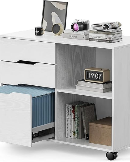 Sweetcrispy 3 Drawer File Cabinet Organizer Lateral Printer Stand Rolling Desk with Adjustable Storage Shelves for Office Home Small Space, White Wood - LeafyLoom