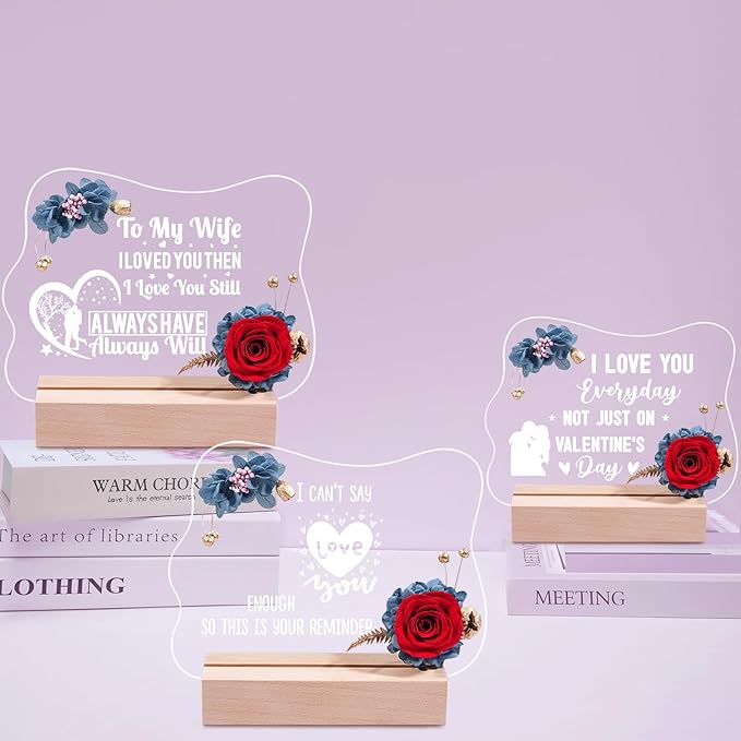 Yamonic Valentines Day Gifts for Her, Handmade Acrylic Plaque with Eternal Real Rose, Night Light with Preserved Rose Romantic Gifts for Girlfriend Wife Women (Reminder) - LeafyLoom