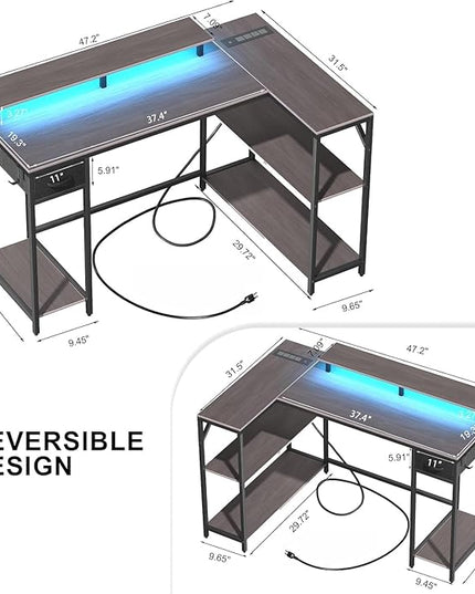 47 Inch L Shaped Gaming Desk with Drawers & Shelves, Reversible Computer Corner Desk with Power Outlet and LED Light for Home Office Bedroom, L-Shaped Teen PC Gaming Desks with Hook & Monitor Stand - LeafyLoom