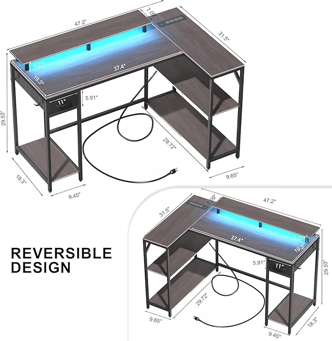 47 Inch L Shaped Gaming Desk with Drawers & Shelves, Reversible Computer Corner Desk with Power Outlet and LED Light for Home Office Bedroom, L-Shaped Teen PC Gaming Desks with Hook & Monitor Stand - LeafyLoom