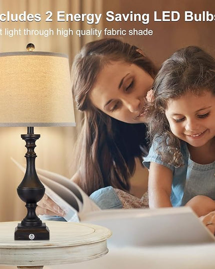 AKASUKI 27.5 Inch Black Farmhouse Table Lamps for Living Room Set of 2 with USB and Type-C Port, 3-Way Dimmable Table Lamps for Bedroom Vintage Rustic Bedside Lamps for bedrooms(2 Bulbs Included) - LeafyLoom