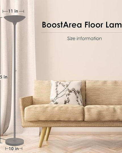 BoostArea Torchiere Floor Lamp, 24W Super Bright LED Standing Lamp, Stepless Dimmable Pole Lamp with 3000K Lighting, Rotary Switch, 70 Inch Tall Metal Modern Floor lamps for Living Room/Bedroom Gray - LeafyLoom