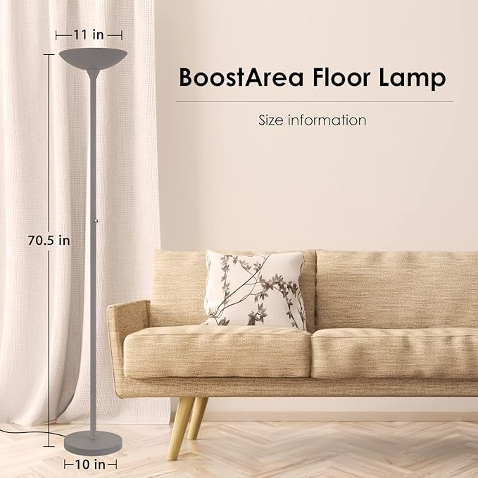 BoostArea Torchiere Floor Lamp, 24W Super Bright LED Standing Lamp, Stepless Dimmable Pole Lamp with 3000K Lighting, Rotary Switch, 70 Inch Tall Metal Modern Floor lamps for Living Room/Bedroom Gray - LeafyLoom