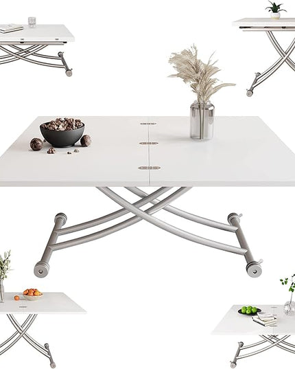 Height Adjustable Folding Dining Table Lift Top Coffee Table Converts to Dining Table with Sturdy Cross Metal Legs, Multi-Functional Space Saving Transform Table, White - LeafyLoom