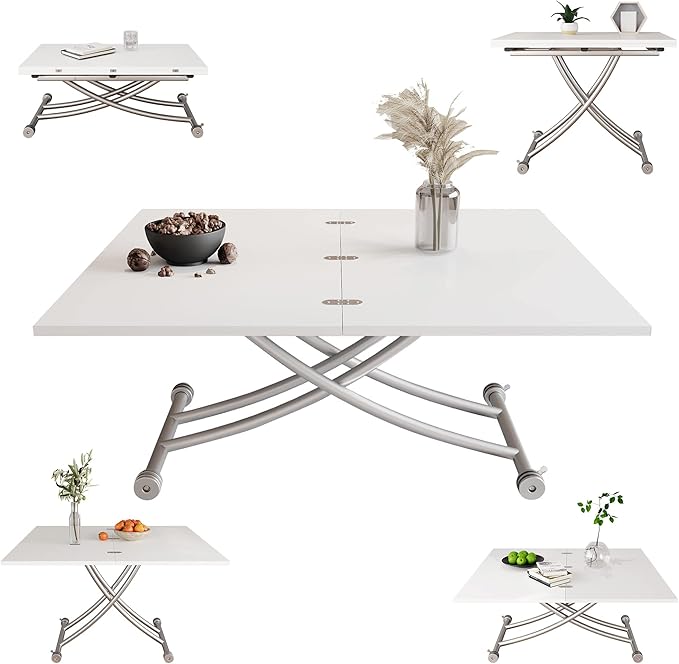 Height Adjustable Folding Dining Table Lift Top Coffee Table Converts to Dining Table with Sturdy Cross Metal Legs, Multi-Functional Space Saving Transform Table, White - LeafyLoom