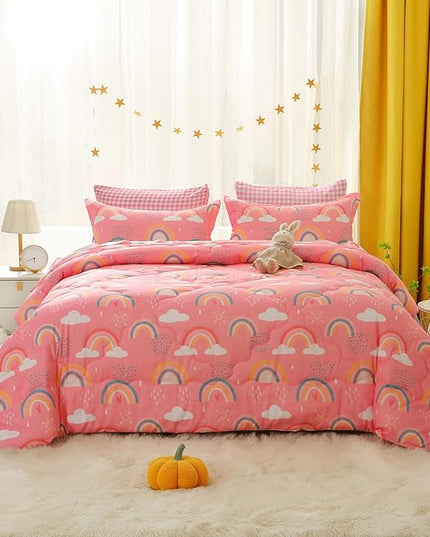 Kids Rainbow Comforter Set for Girls Teens Full Size 7 Piece Cloud Sun Pink Bedding Set 3D Cute Cartoon Love Hearts Bed in a Bag - LeafyLoom