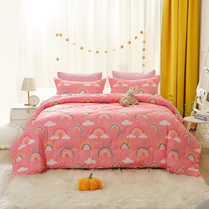Kids Rainbow Comforter Set for Girls Teens Full Size 7 Piece Cloud Sun Pink Bedding Set 3D Cute Cartoon Love Hearts Bed in a Bag - LeafyLoom