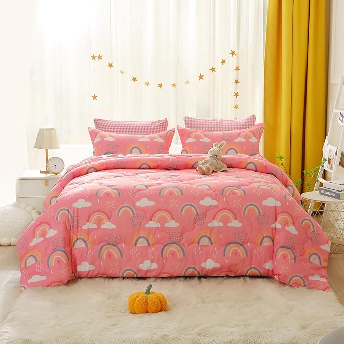 Twin Rainbow Comforter Set for Kids Girls Teens 7 Piece Pink Cloud Sun Pink Bed in a Bag 3D Cute Cartoon Love Hearts Bedding Set - LeafyLoom