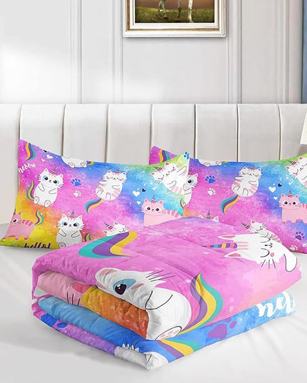Axolotl Cat Bedding Full Cartoon Cat Comforter Set,Rainbow Printed Kids Bedding Set for Girls Kids Adults Teens,Kids Comforter Set All Season,1 Quilt 2 Pillow Cases,Colorful Pink Blue - LeafyLoom
