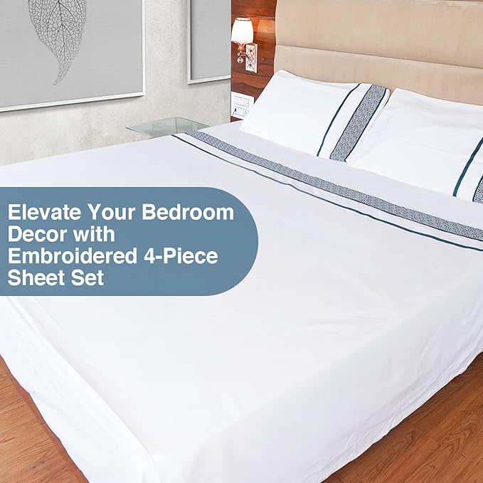 Bluemoon Homes 100% Egyptian Cotton Sheets Cal King Size Sheets Set, 4 Piece Bedding Sheets & Pillowcases Set, Luxury Deep Pocket California King Sheets, Cool Durable - Teal Embroidered White Sheets - LeafyLoom