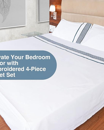 Bluemoon Homes 1000 Thread Count Sheets Queen - Egyptian Cotton Bed Sheets Queen Size Set, 100% Cotton Sheets Queen Deep Pocket, 4 Pc Solid Sheet Set, Teal Embroidered White Sheets - LeafyLoom