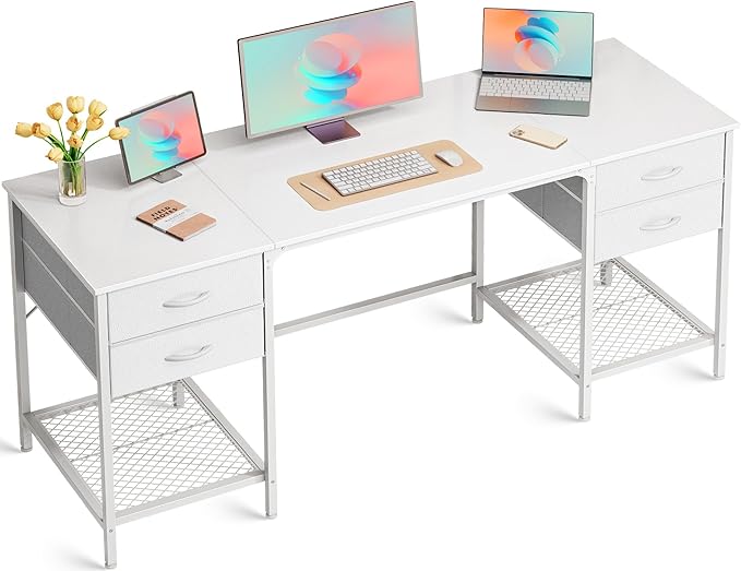 63 Inch Computer Desk with 4 Drawers, Office Desk with Mesh Shelf, Gaming Desk, Large Storage, Writing Desk Work Desk for Home Office, Study, Bedroom, Work from Home, White - LeafyLoom