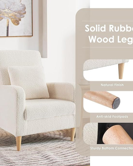 COLAMY Sherpa Upholstered Accent Chair Armchair with Pillow, Fabric Reading Living Room Side Chair,Single Sofa with Lounge Seat and Wood Legs, Cream - LeafyLoom