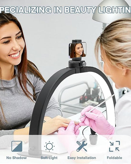 MYSWEETY Foldable Half Moon Nail Desk Lamp, 23 Inch Lash Light Led Nail Tech Lamp for Desk, Half Moon Light with Phone Holder, Estheticians Table Lamp for Tattoo, Lash Eyelash Extension(Black) - LeafyLoom