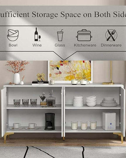 Wakefit Sideboard Buffet Cabinet with Storage, 63'' Wide 30'' Tall, 4 Door, Adjustable Shelves, Wood Credenza Storage Cabinet, Coffee Bar Console Table for Kitchen, Living Dining Room - LeafyLoom