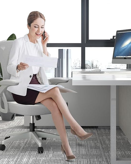 naspaluro Ergonomic Office Chair, Mid Back Desk Chair with Adjustable Height, Swivel Chair with Flip-Up Arms and Lumbar Support, Breathable Mesh Computer Chair for Home/Study/Working, Grey - LeafyLoom