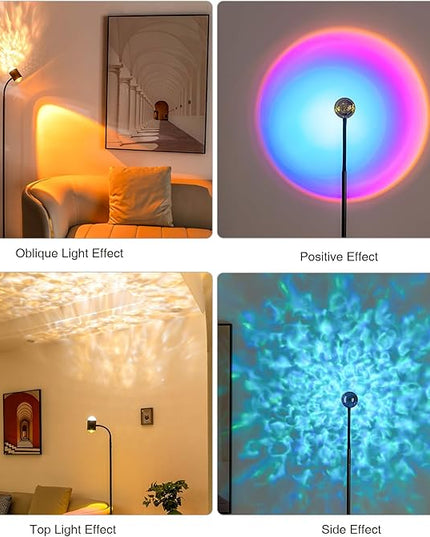 Sunset Lamp Projector with 3D Ocean Wave, 12 Colors Changing & Four Mode with USB Port, RGB Floor Lamp Double Side Lighting with Remote,Creative DIY Mode, 360° Rotation Atmosphere Lamp for Bedroom - LeafyLoom