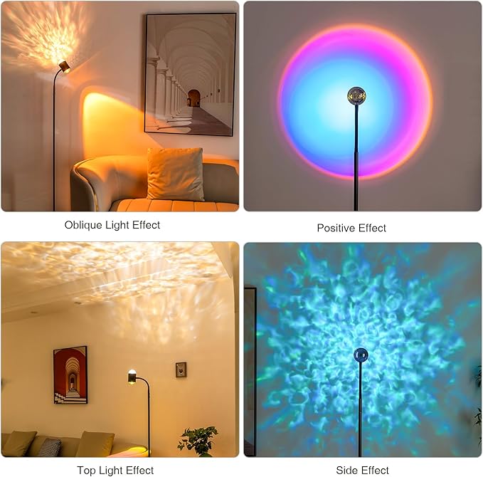 Sunset Lamp Projector with 3D Ocean Wave, 12 Colors Changing & Four Mode with USB Port, RGB Floor Lamp Double Side Lighting with Remote,Creative DIY Mode, 360° Rotation Atmosphere Lamp for Bedroom - LeafyLoom
