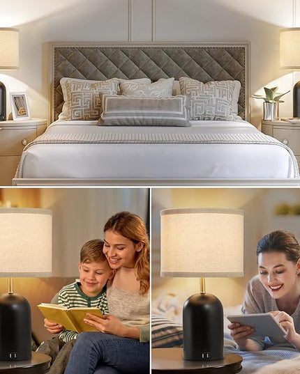 Touch Control Table Lamps Set of 2, Modern Bedside Lamp with 2 USB Ports, 3-Way Dimmable Gold and Black Nightstand Lamp with Fabric Shade for Living Room Bedroom Office Dorm(LED Bulbs Included) - LeafyLoom