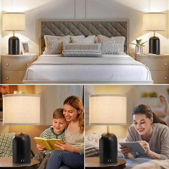 Touch Control Table Lamps Set of 2, Modern Bedside Lamp with 2 USB Ports, 3-Way Dimmable Gold and Black Nightstand Lamp with Fabric Shade for Living Room Bedroom Office Dorm(LED Bulbs Included) - LeafyLoom