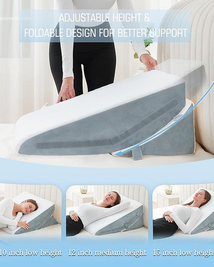 Bed Wedge Pillow for Sleeping 12 Inch 10inch 8/7.5inch Adjustable Memory Foam Triangle Wedge Pillow for After Surgery, Legs and Back Support Pillow, Relieve Acid Reflux, Gerd, Snoring - LeafyLoom