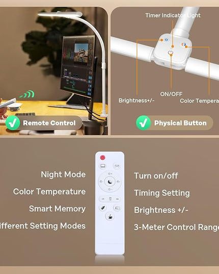 LED Desk Lamp for Home Office, Remote Control LED Desk Light with Color Changing Dimmable Computer lamp with Flexible Gooseneck, 24W, Double Head, White - LeafyLoom