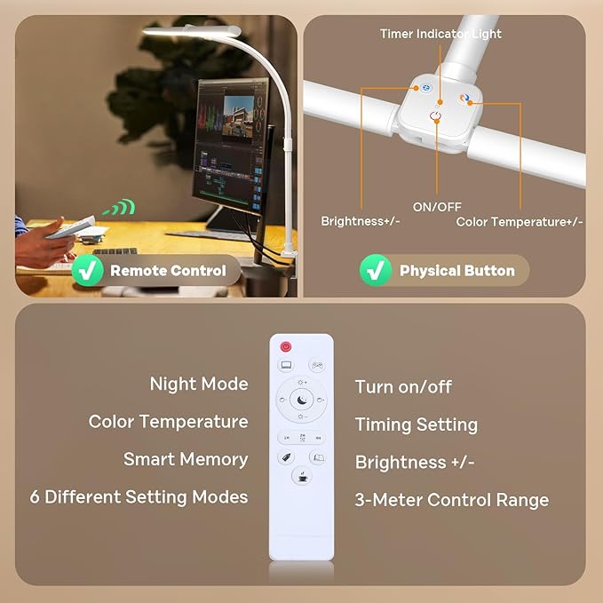 LED Desk Lamp for Home Office, Remote Control LED Desk Light with Color Changing Dimmable Computer lamp with Flexible Gooseneck, 24W, Double Head, White - LeafyLoom