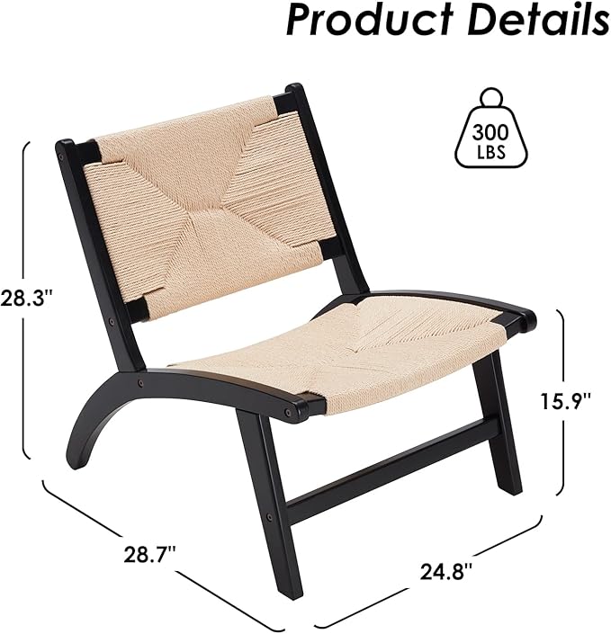 Modern Boho Accent Chairs for Living Room,Mid Century Lounge Chair,Side Chair Indoor Scandinavian Cognac Natural Wood Beech Braided Jute Woven Weave Paper Rope Seat Accent Chair - LeafyLoom