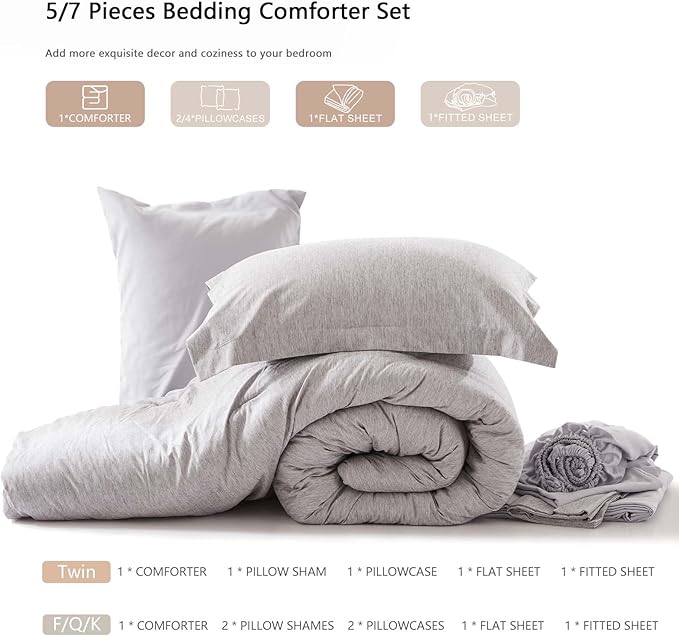 UNILIBRA 7 Pieces Bed in a Bag Full Size Comforter Sets, Grey Full Bed Set Soft for All Seasons - Cationic Dyeing Bedding Set with Comforter, Flat Sheet, Fitted Sheet, Pillowcases & Shams - LeafyLoom