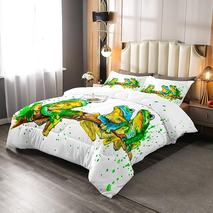 Erosebridal Cartoon Frog Comforter Set Twin Size, Green Tie Dye Down Comforter, Tree Branch Quilted Duvet,Animal Soft Duvet Insert for Kid Adult, White Room Decor Reversible All Season - LeafyLoom