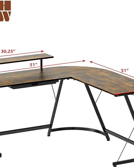 SHW Vista L-Shape Desk with Monitor Stand, Rustic Brown - LeafyLoom