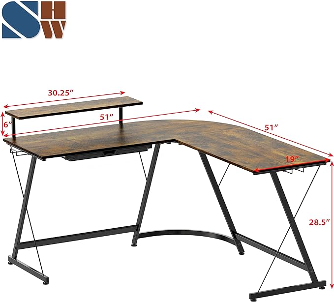 SHW Vista L-Shape Desk with Monitor Stand, Rustic Brown - LeafyLoom