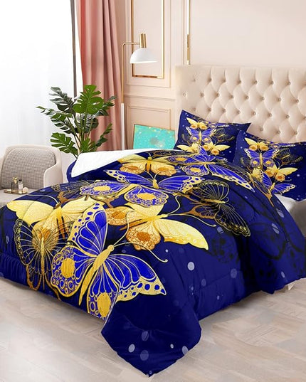 Butterfly Comforter Set, Bed Comforter Twin Set Bedroom Blue Gold Butterfly Bedding Sets for Girls Teens Retro Vintage Soft Quilt Set Twin Size, 2 Piece 1 Comforter + 1 Pillowcase - LeafyLoom