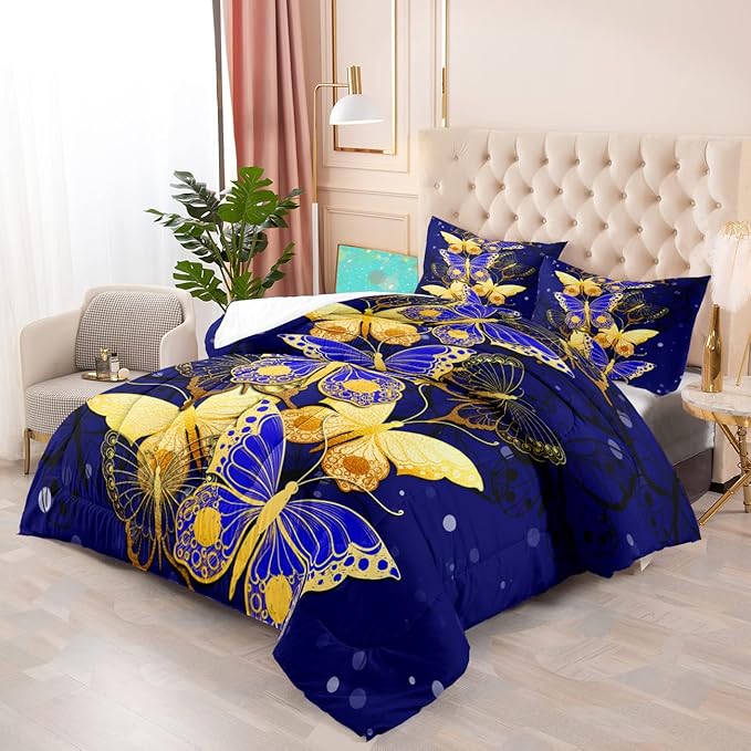 Butterfly Comforter Set, Bed Comforter Twin Set Bedroom Blue Gold Butterfly Bedding Sets for Girls Teens Retro Vintage Soft Quilt Set Twin Size, 2 Piece 1 Comforter + 1 Pillowcase - LeafyLoom