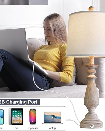 PORTRES 25.75" 3 - Way Dimmable Touch Lamps Set of 2 for Bedroom Rustic Bedside Lamp with USB A+C Charging Ports for Living room Kids Room Study Room (2 Bulbs Included) - LeafyLoom
