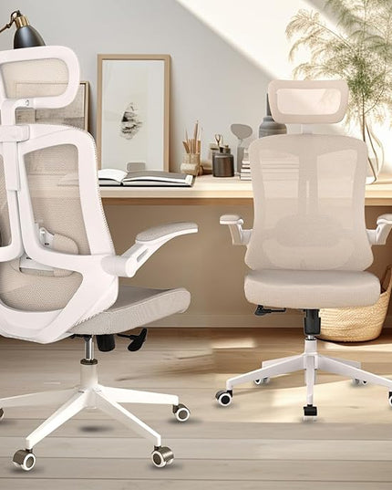 Ergonomic Office Chair - Comfy Desk Chairs with Wheels and Arms, Heavy Duty Mesh Computer Chairs with Comfortable Head Lumbar Back Support for Office, Bedroom, Study and College Dorm (khaki) - LeafyLoom