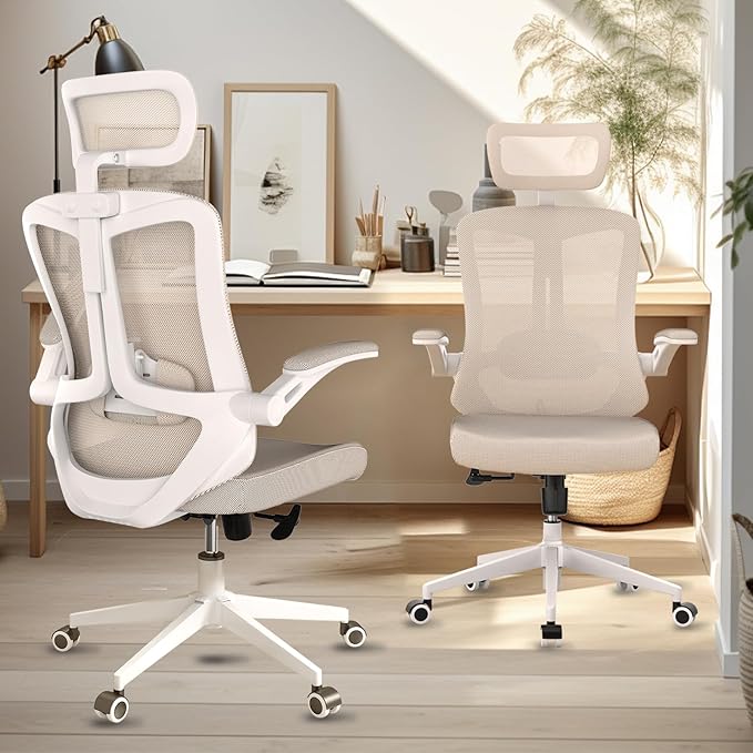 Ergonomic Office Chair - Comfy Desk Chairs with Wheels and Arms, Heavy Duty Mesh Computer Chairs with Comfortable Head Lumbar Back Support for Office, Bedroom, Study and College Dorm (khaki) - LeafyLoom