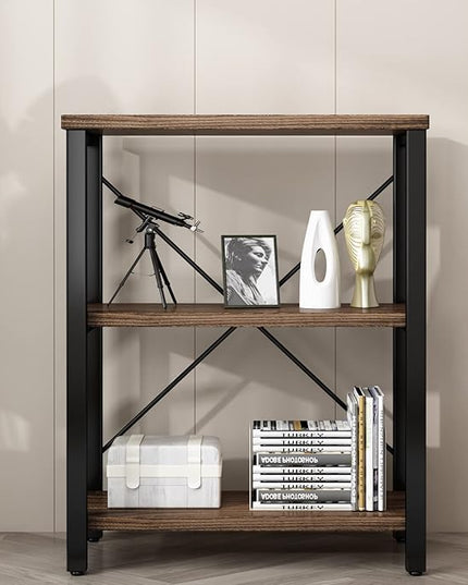 3 Tier Industrial Solid Wood Bookcases, Open Etagere Bookshelf with Metal Frame, Rustic Wood and Metal Shelving Storage Organizer for Living Room Book shelves Furniture (AY01-3tier) - LeafyLoom