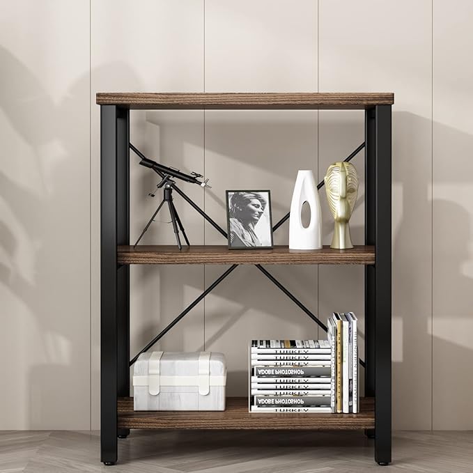 3 Tier Industrial Solid Wood Bookcases, Open Etagere Bookshelf with Metal Frame, Rustic Wood and Metal Shelving Storage Organizer for Living Room Book shelves Furniture (AY01-3tier) - LeafyLoom
