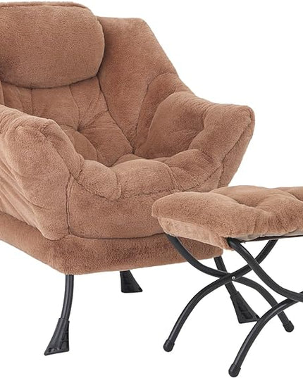 Lazy Chair with Ottoman, Modern Accent Chair Contemporary Lounge Leisure Upholstered Sofa Chair Set with Armrests, Reading Chair for Living Room, Bedroom, Office, Plush Brown - LeafyLoom
